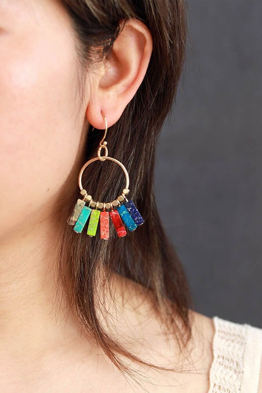 Boho Earrings, Dangle Earrings, Red Blue Green Chakra