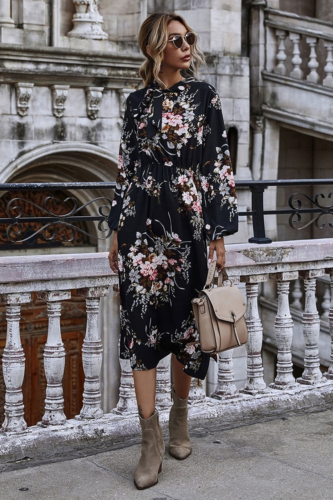 Boho Midi Dress, Black Luna Floral Dress