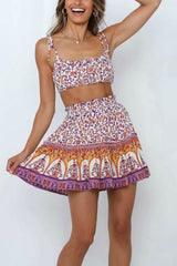 Boho Two Piece Set, Crop Top and Skirt, Pink Little Flower