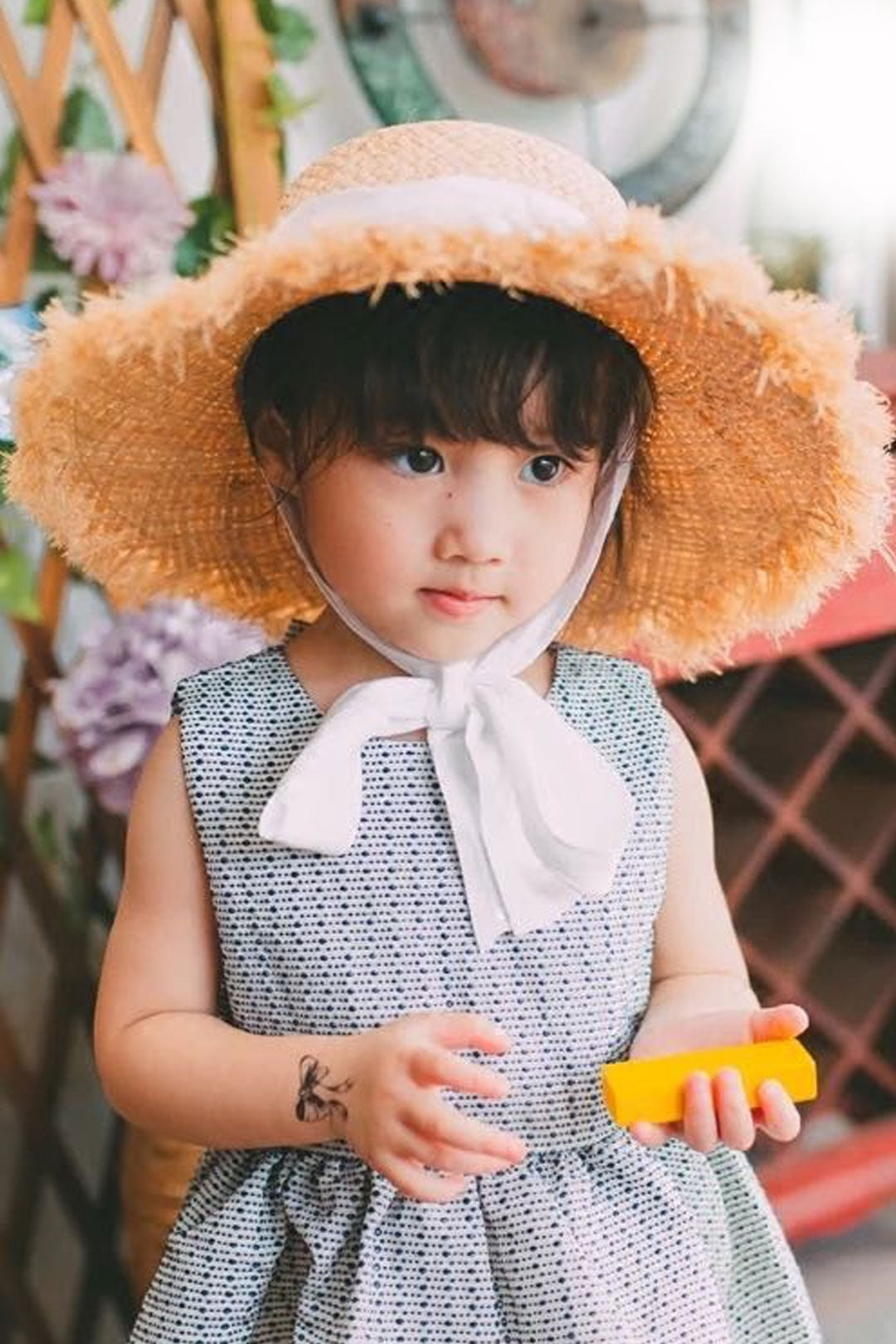Boho Hat, Kid Hat, Sun Hat, Wide Brim Straw Hat, Little Girl Hat, Mia White Ribbon