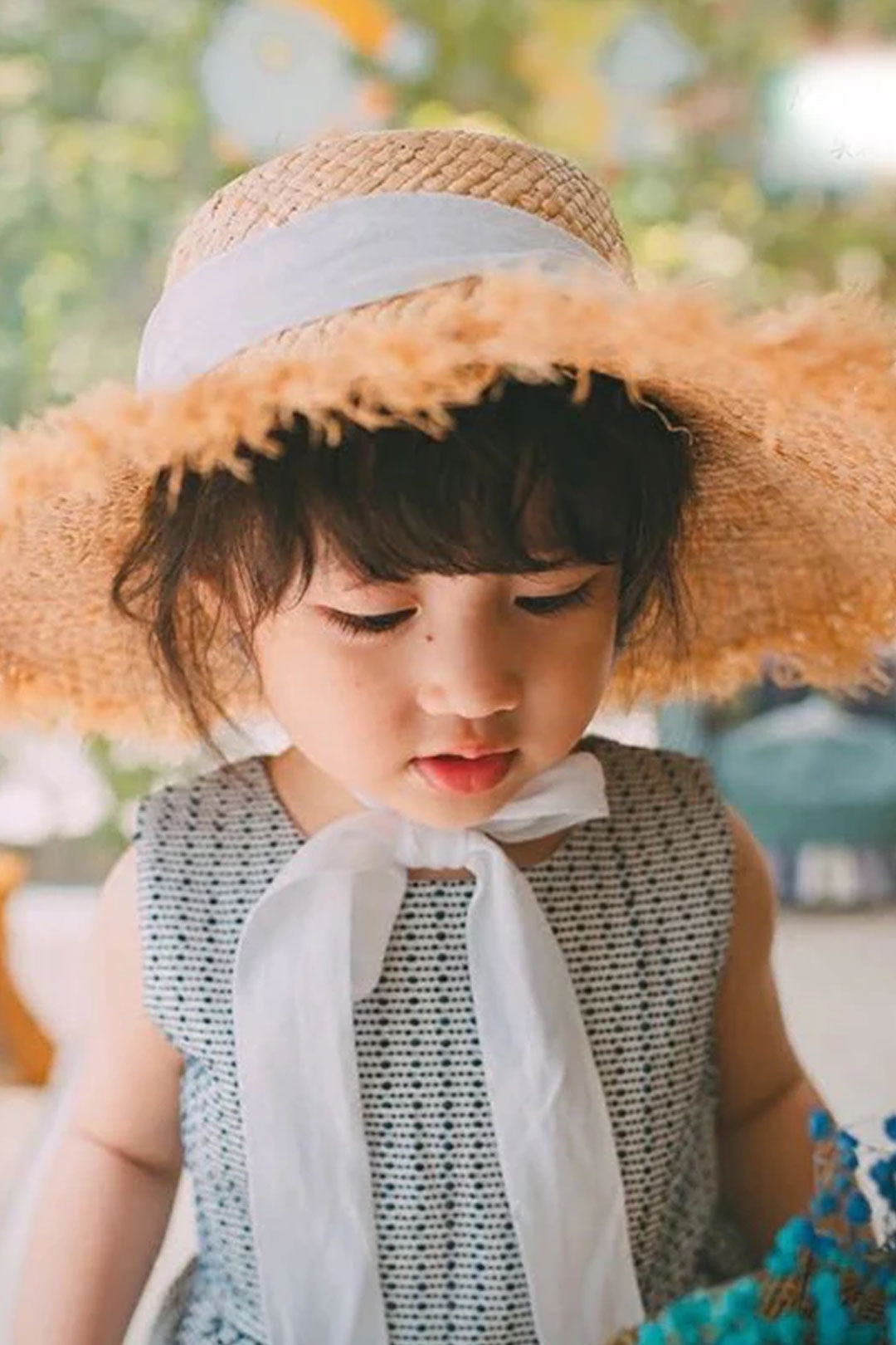 Boho Hat, Kid Hat, Sun Hat, Wide Brim Straw Hat, Little Girl Hat, Mia White Ribbon