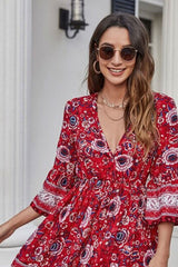Boho Robe, Kimono Robe,  Beach Cover up, Red Daisy Mum