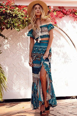 Boho Two Piece Set, Two Piece Skirt Set, Wild Boho Tassel in Green