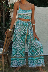 Boho Two Piece Set, Crop Top and Palazzo Pant, Wild Boho Square Mint