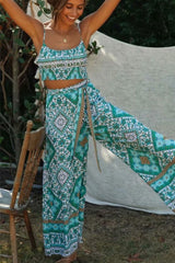 Boho Two Piece Set, Crop Top and Palazzo Pant, Wild Boho Square Mint