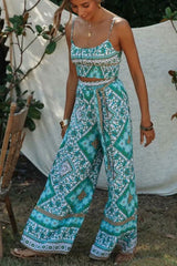 Boho Two Piece Set, Crop Top and Palazzo Pant, Wild Boho Square Mint