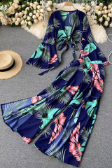 Vintage Two Piece Set, Boho Matching Crop Top and Palazzo Pant, Leaves in Green, Blue and Yellow