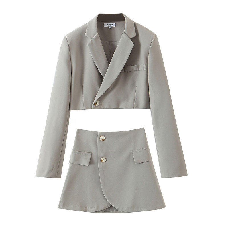Vintage  Two Piece Set, Matching Crop Blazer and Mini Skirt, Charlotte in Fawn Beige and Green