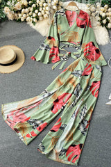 Vintage Two Piece Set, Boho Matching Crop Top and Palazzo Pant, Leaves in Green, Blue and Yellow