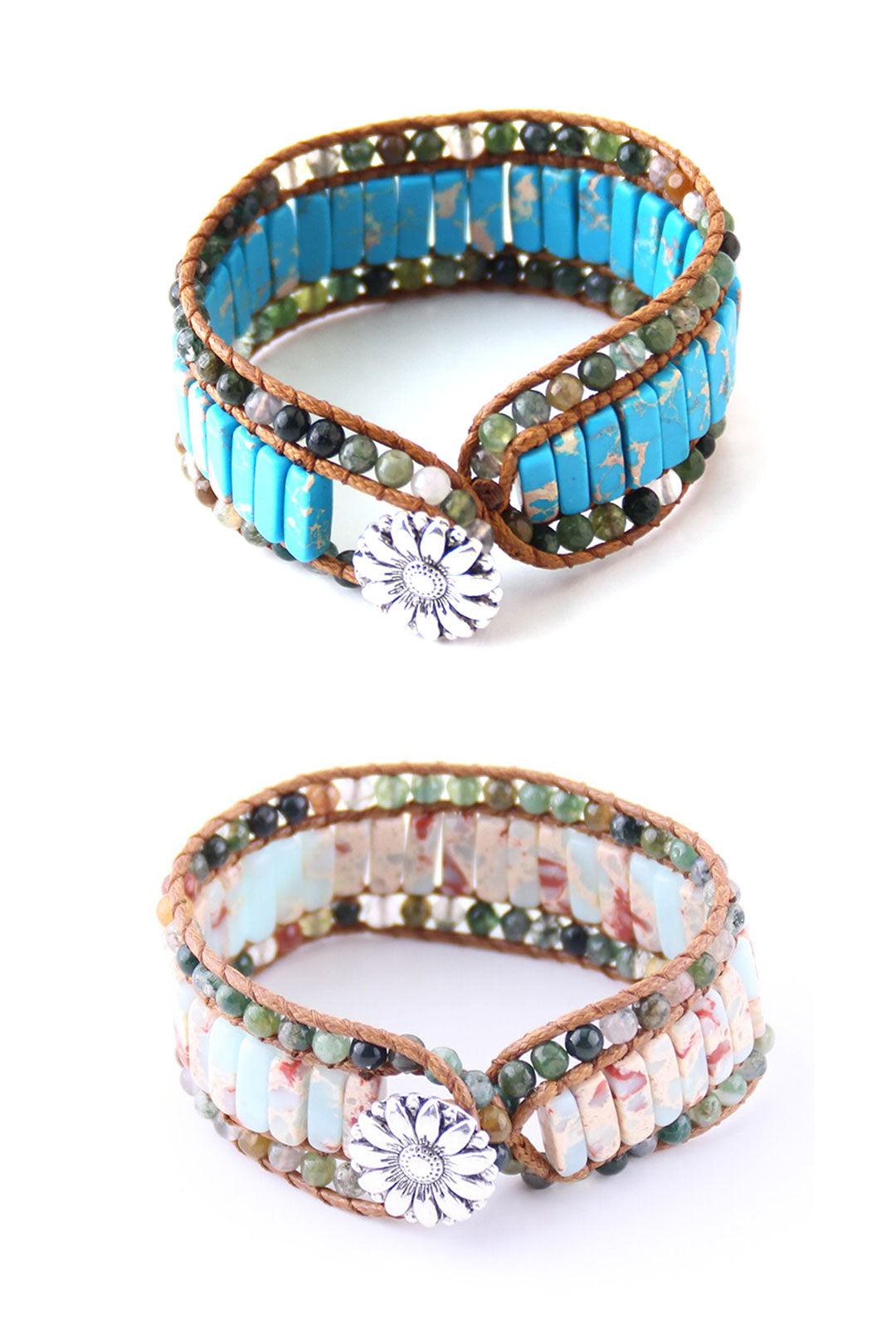 Boho Bracelet, RH Leather Wrap Bracelet, Pink Blue Lotus