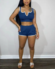 Solid Contrast Binding Notched Neck Crop Tank Top & Shorts Set