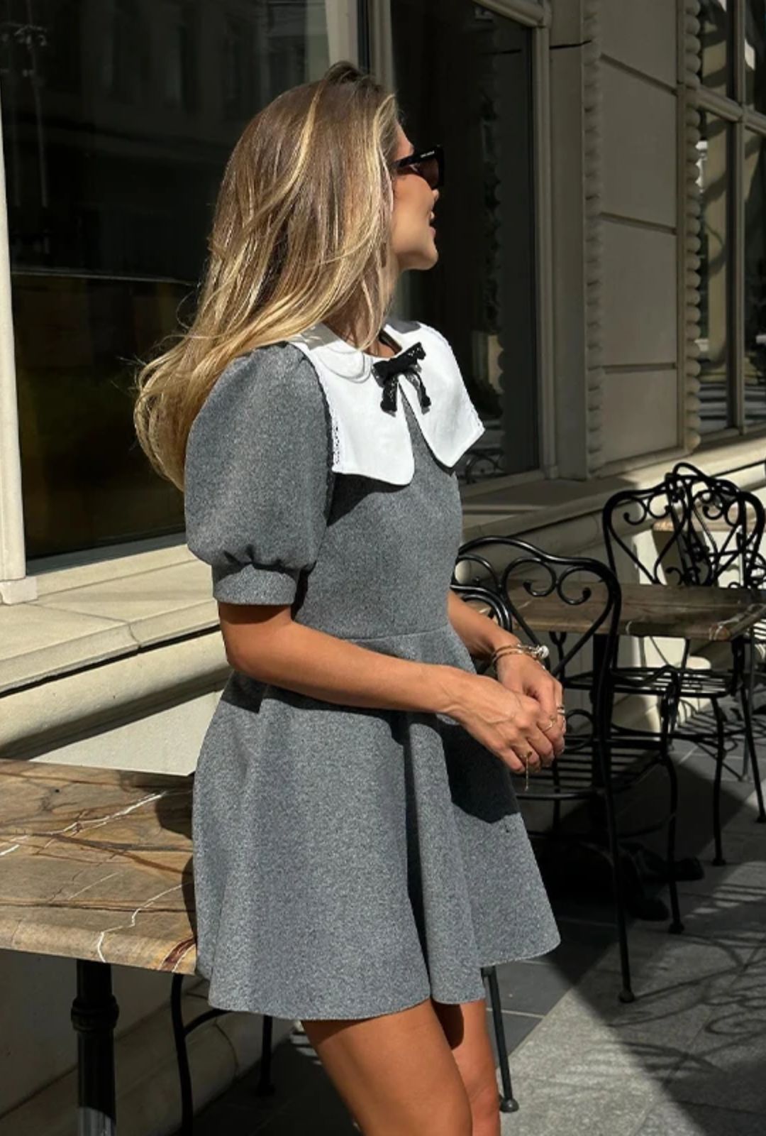 Vintage Mini Dress - Doll Collar, Long Sleeve, Summer Party Club Dress Ariyah in Black and Grey