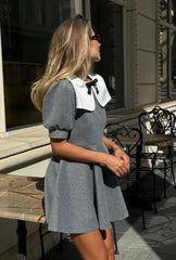 Vintage Mini Dress - Doll Collar, Long Sleeve, Summer Party Club Dress Ariyah in Black and Grey