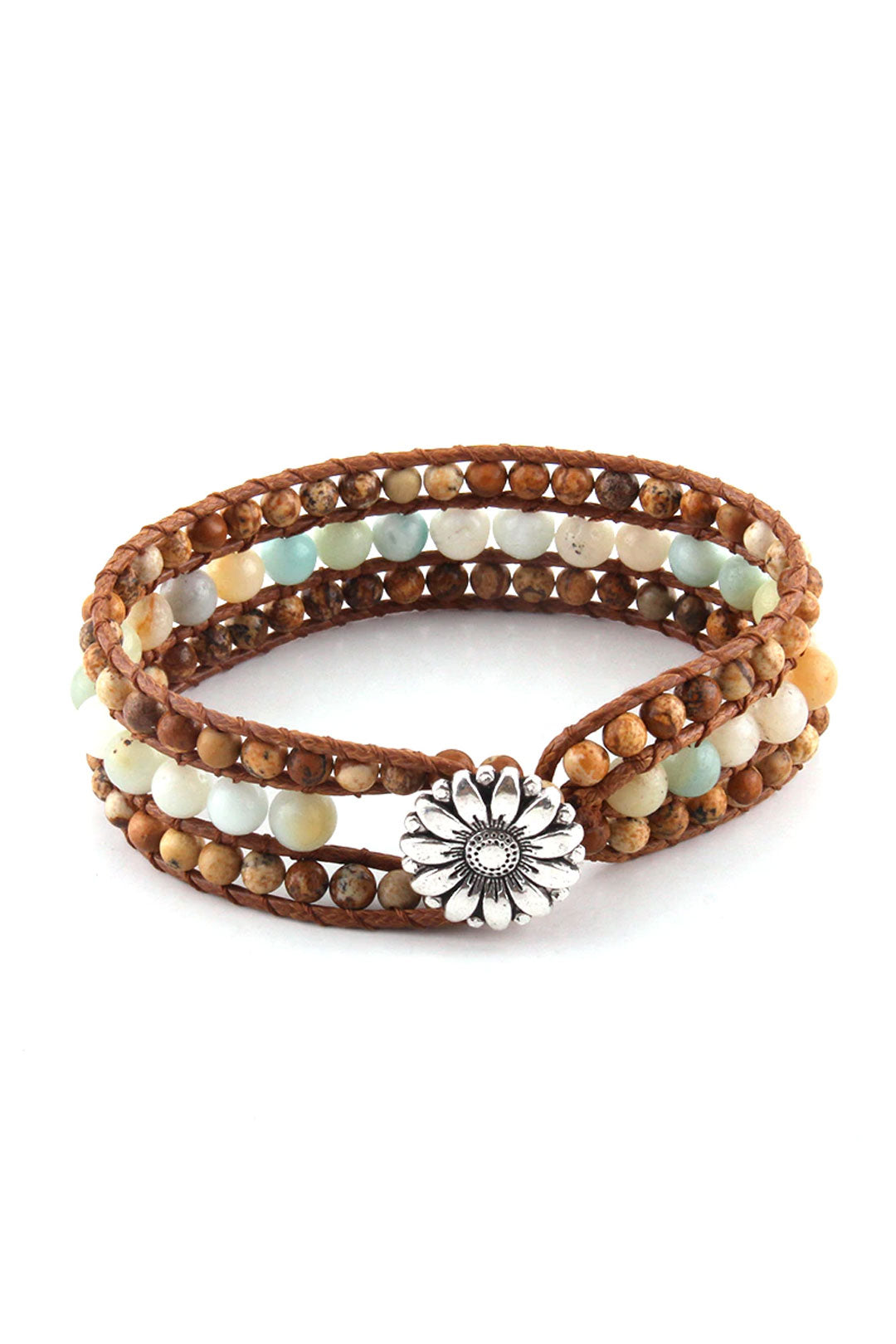 Boho Bracelet, RH Leather Wrap Bracelet, Blue Amazonite Lotus