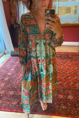 Gown Dress, Boho Maxi Dress, Loose Dress, Wild Flower Eulalie in Green and Red