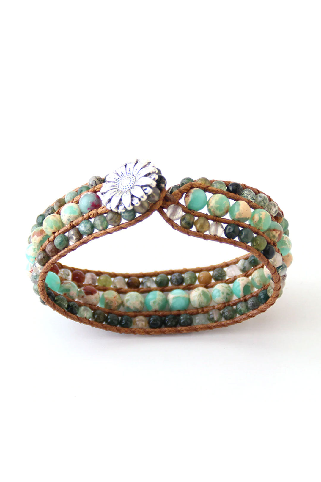 Boho Bracelet, RH Leather Wrap Bracelet, Green Jade Lotus