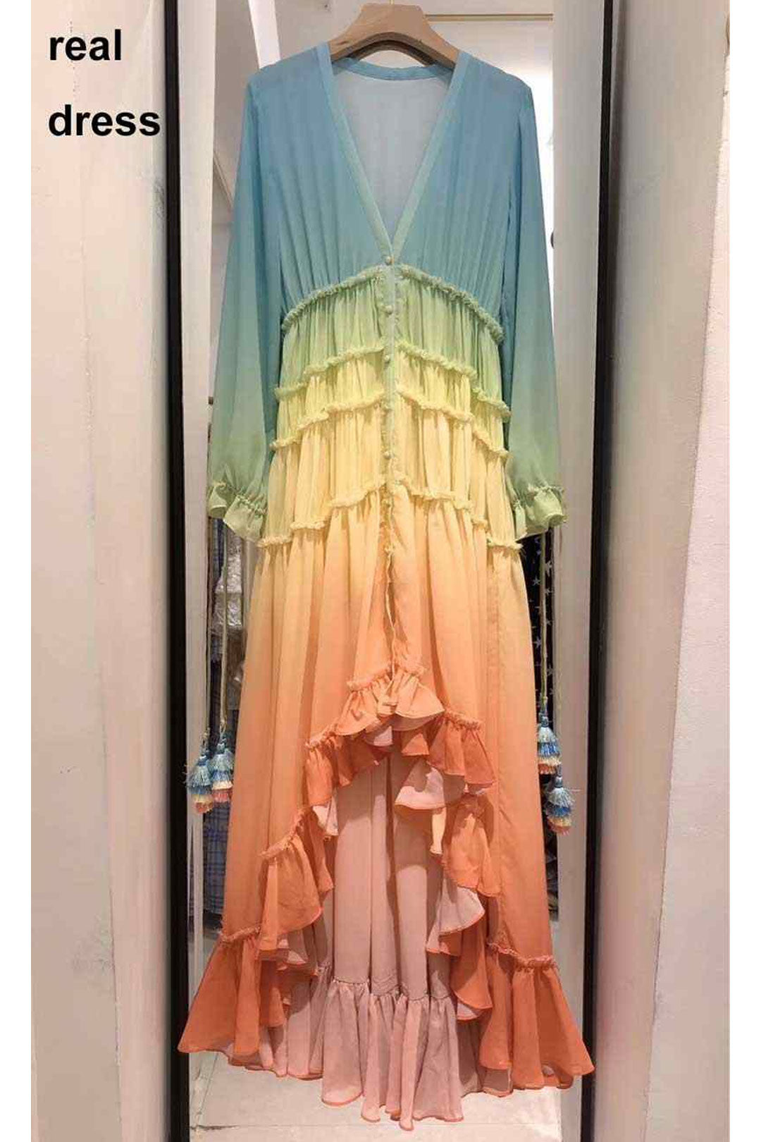 Boho Maxi Dress, Gown, Beach Robe, Sierra Red Blue Sea and Rain Bow