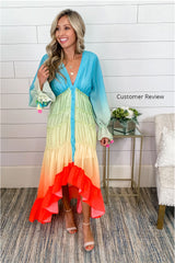Boho Maxi Dress, Gown, Beach Robe, Sierra Red Blue Sea and Rain Bow