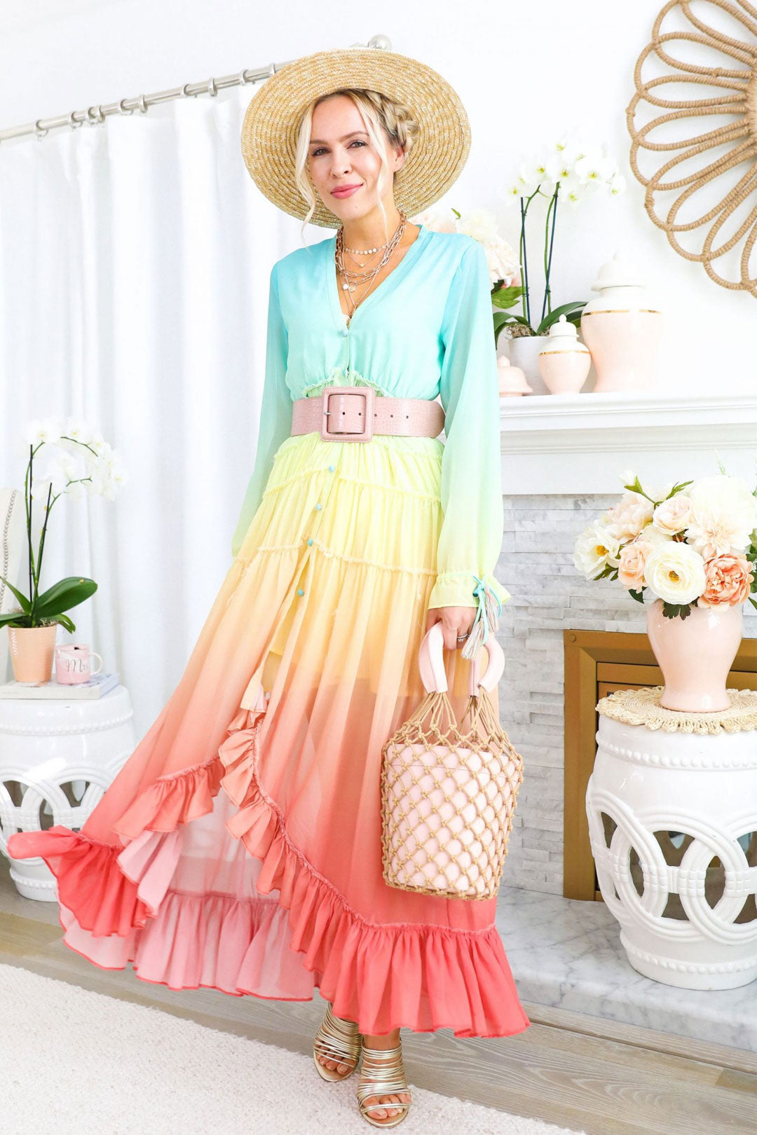 Boho Maxi Dress, Gown, Beach Robe, Sierra Pink Blue Sea and Rain Bow