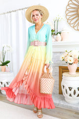 Boho Maxi Dress, Gown, Beach Robe, Sierra Pink Blue Sea and Rain Bow