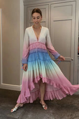 Boho Maxi Dress, Gown, Beach Robe, Sierra Pink Blue Sea and Rain Bow
