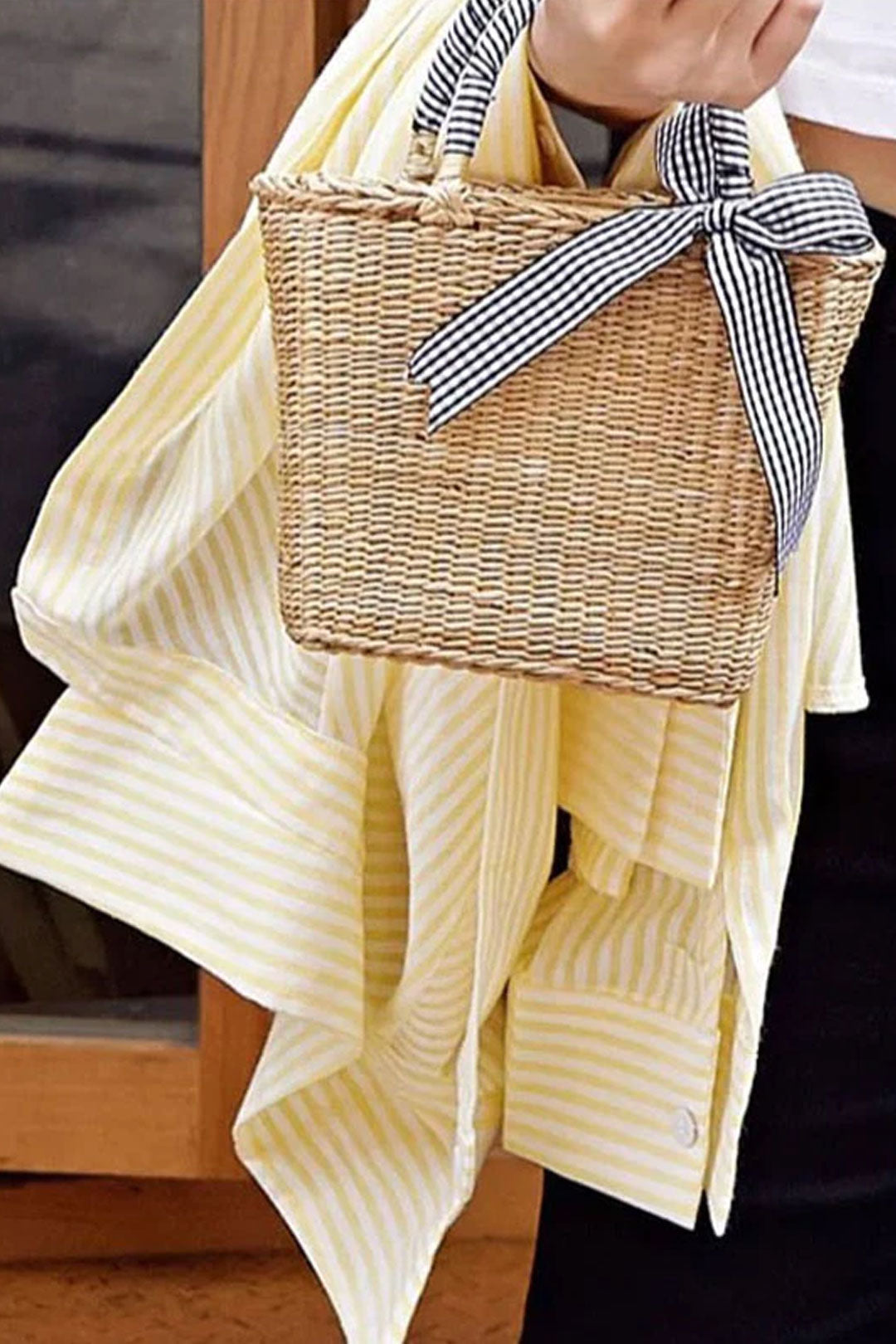 Boho Bag, Woven Straw Basket Bag, Rattan Bag, Blue Plaid Ribbon