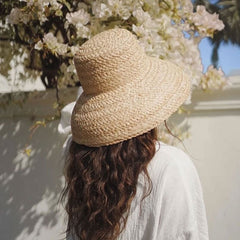 Boho Hat, Sun Beach Hat, Raffia Hat, Camila Retro Bucket Hat with Black and White Ribbon