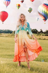 Boho Maxi Dress, Gown, Beach Robe, Sierra Red Blue Sea and Rain Bow
