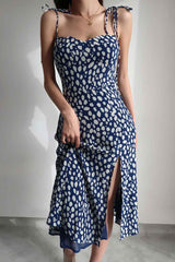 Boho Midi Dress, Strappy Sundress, Blue white  Ink