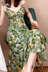 Boho Midi Dress, Strappy Sundress, Madarin Garden Green