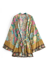 Boho Robe, Kimono Robe,  Beach Cover up, Short Robe, Irma Peacock in Gold Green