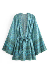 Boho Robe, Kimono Robe,  Beach Cover up, Short Robe, Moon Light in Coffee and Blue Sea