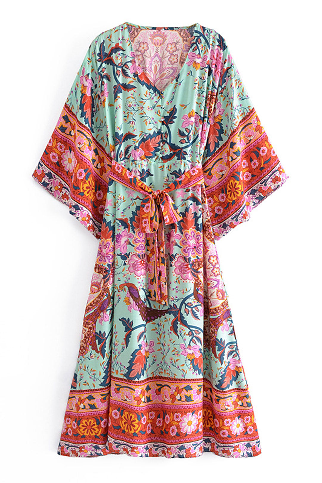 Boho Midi Dress, Kaftan Dress, Maribel Peony Green
