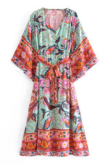 Boho Midi Dress, Kaftan Dress, Maribel Peony Green