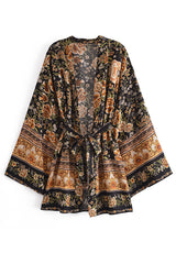 Boho Robe, Kimono Robe,  Beach Cover up, Short Robe, Esme Rosa Black Midnight
