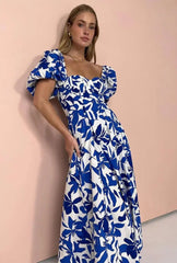 Boho Beach Dress - Backless Summer Vacation Vibes - Blue Leaf