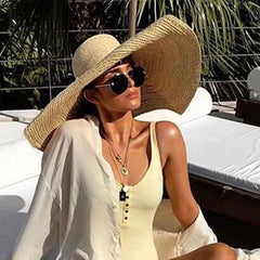 Boho Hat, Sun Hat, Beach Hat, Extra Wide Brim Straw Hat (25 cm), Raffia Dome and Flat