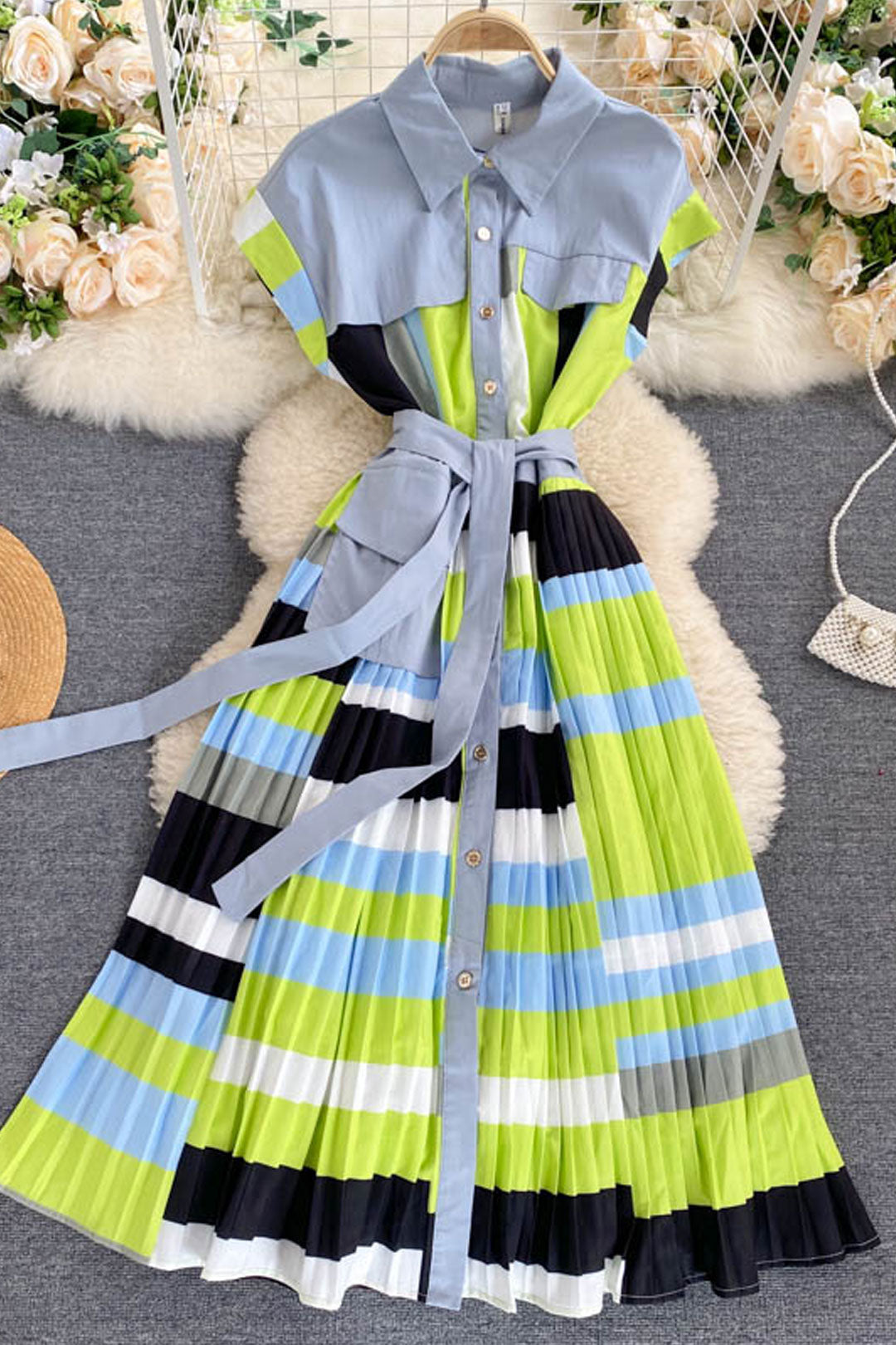 Vintage Dress, Boho Midi Dress, Dress, Pleted Drees Green Neon