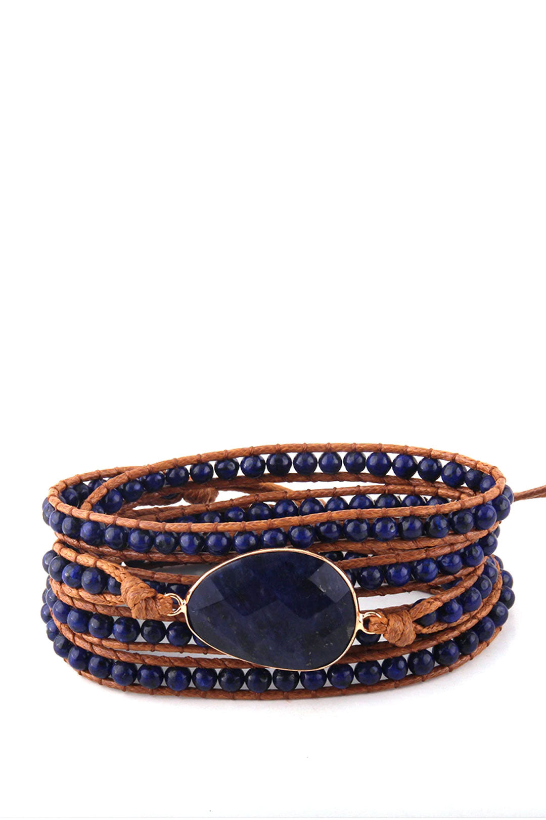 Boho Bracelet, RH 5 Layers Leather Wrap Bracelet, Natural Stones, Navy Lapis