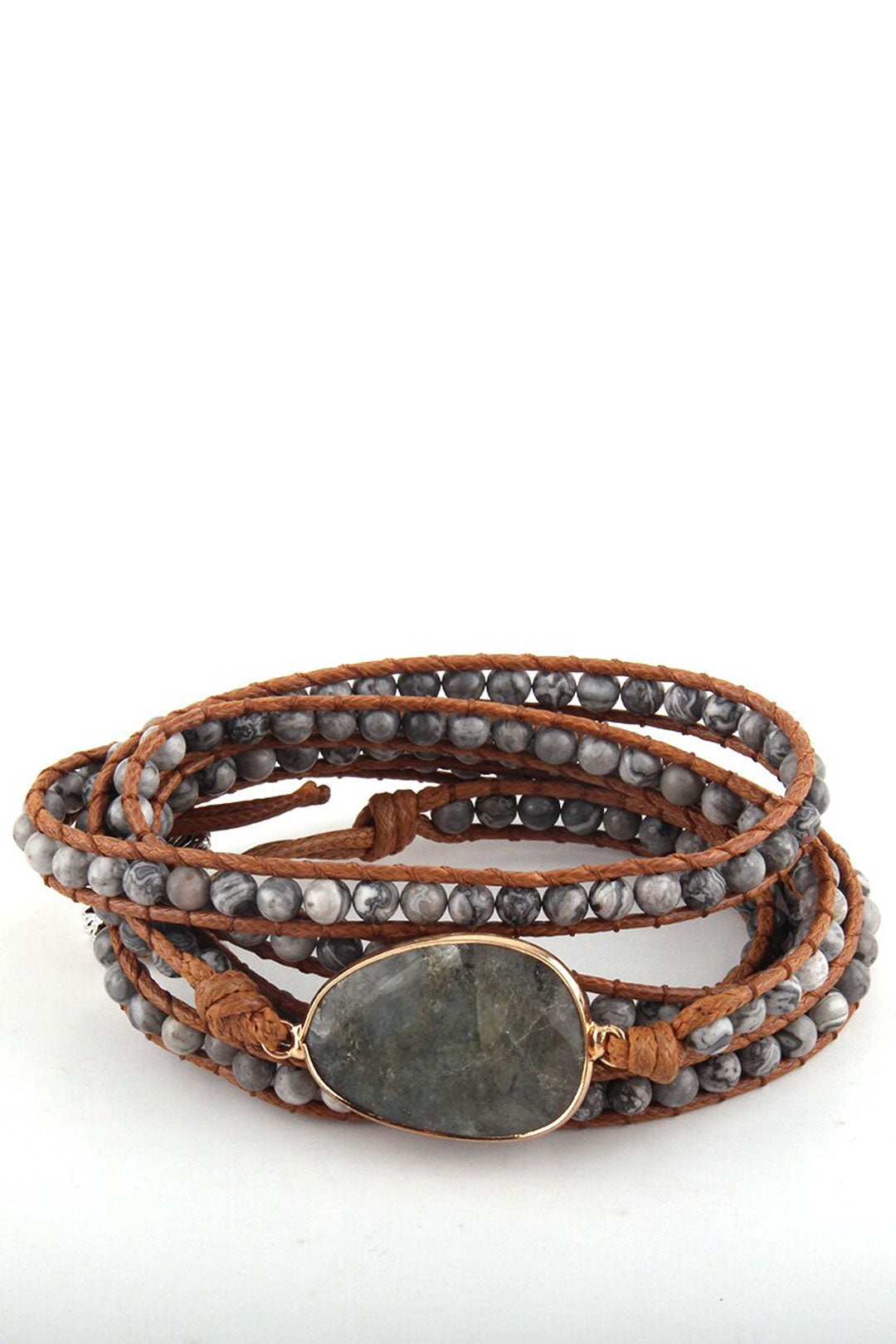 Boho Bracelet, RH 5 Layers Leather Wrap Bracelet, Natural Stones, Navy Lapis