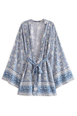 Boho Robe, Kimono Robe,  Beach Cover up, Short Robe, Esme Wild Flower Blue Sky