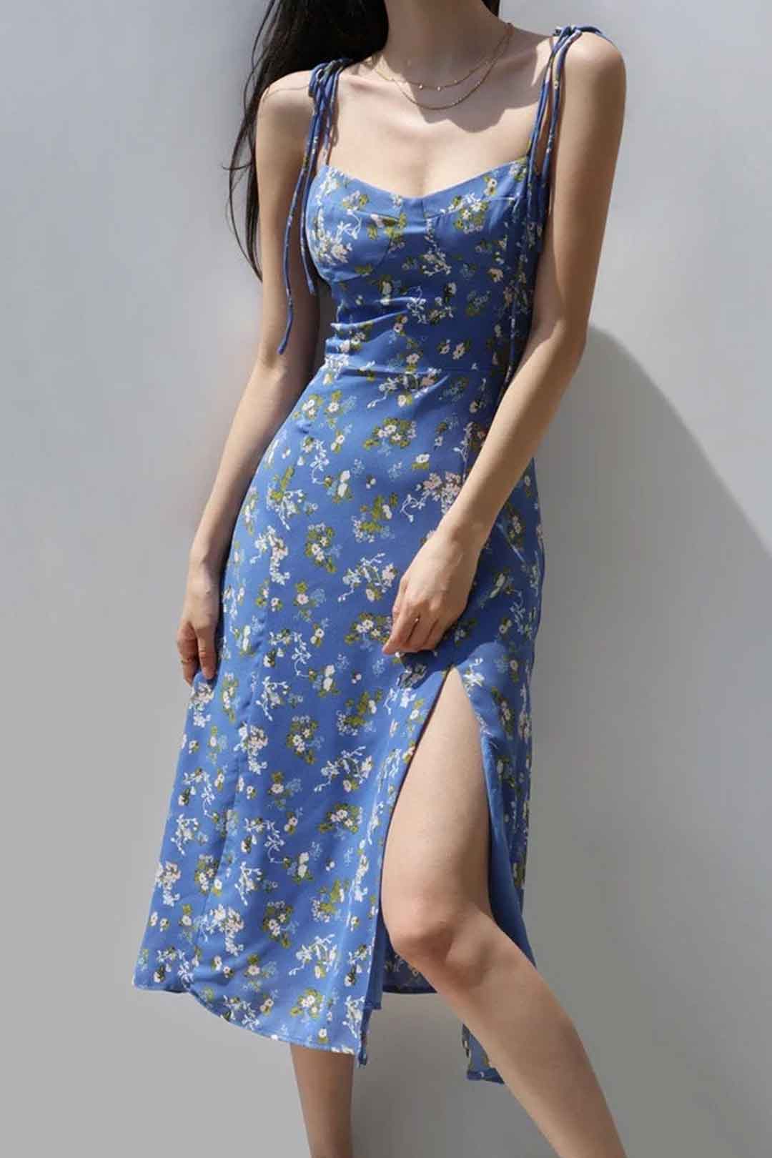 Boho Midi Dress, Strappy Sundress, Blue Flower