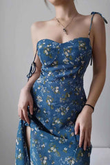 Boho Midi Dress, Strappy Sundress, Blue Flower