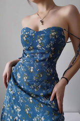 Boho Midi Dress, Strappy Sundress, Blue Flower