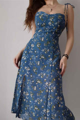 Boho Midi Dress, Strappy Sundress, Blue Flower