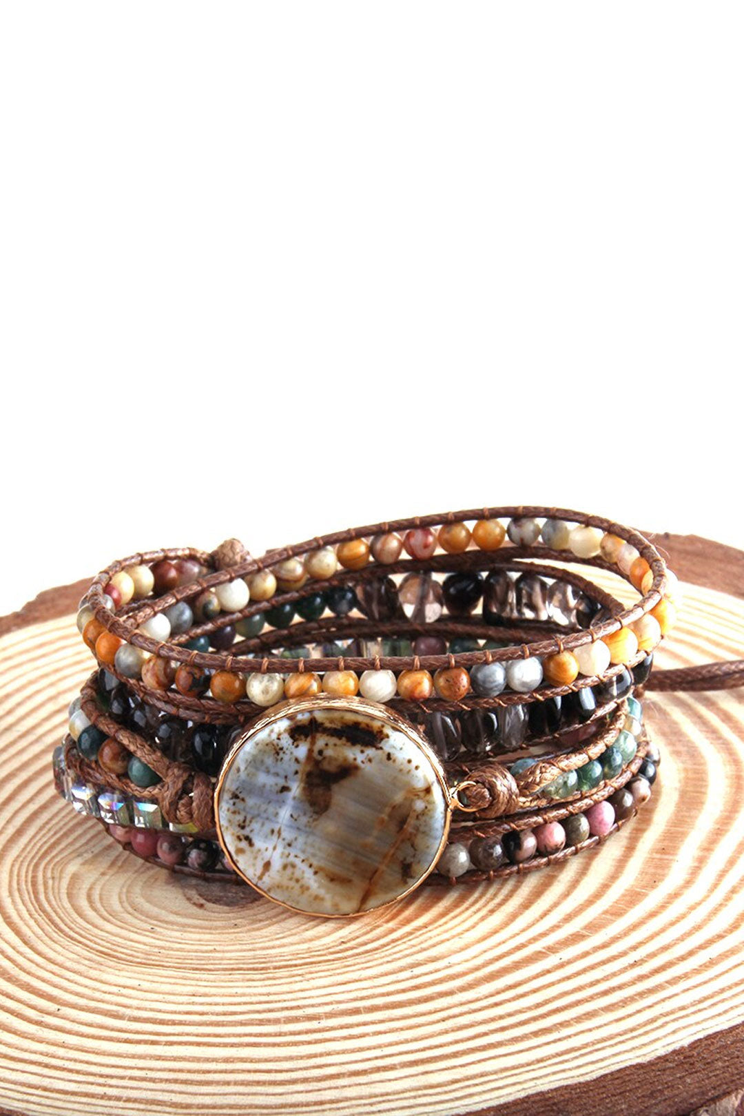 Boho Bracelet, RH 5 Layers Leather Wrap Bracelet, Natural Stones, Dusty Brown Armbander