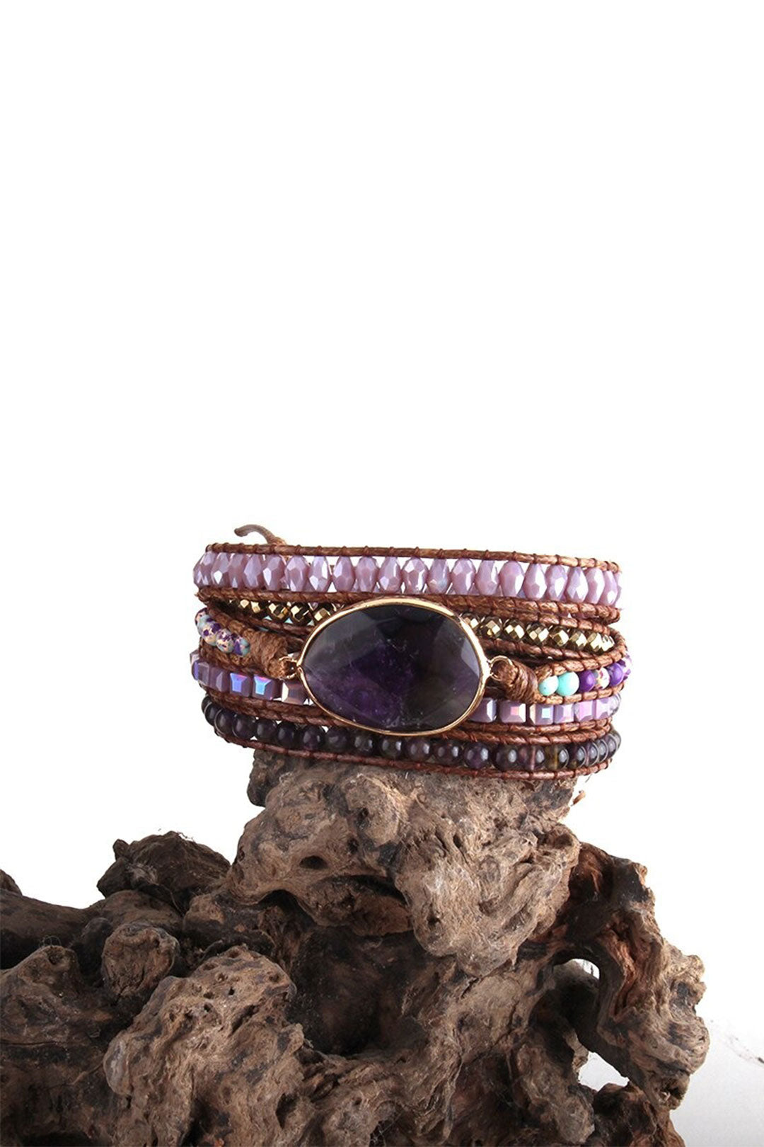 Boho Bracelet, RH 5 Layers Leather Wrap Bracelet, Natural Stones, Violet Amythyst