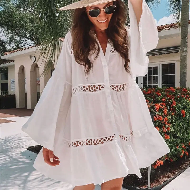 Boho Mini Dress - Beach Tunic - White Yuka