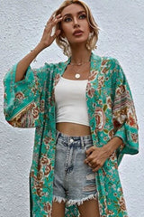 Boho Robe, Kimono Robe,  Beach Cover up, Short Robe, Elliana Rosita in Green