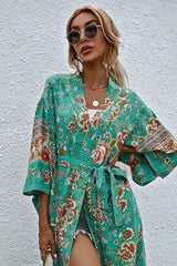 Boho Robe, Kimono Robe,  Beach Cover up, Short Robe, Elliana Rosita in Green